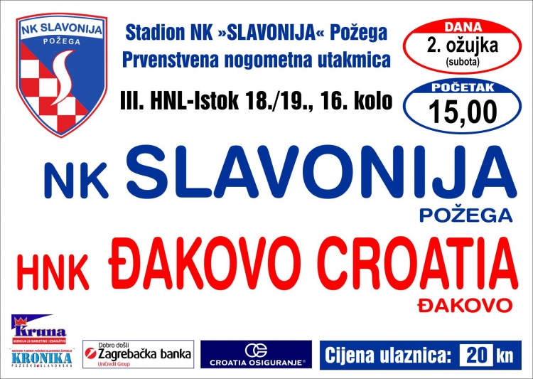 Slavonija u subotu, 02. 03. 2019. s početkom u 15,00 sati dočekuje HNK Đakovo Croatiu u 16. kolu 3. HNL - Istok