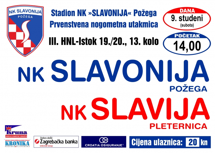 Nogometaši Slavonije u subotu, 09. studenog s početkom u 14,00 sati dočekuju NK Slaviju (Pleternica) u županijskom derbiju 13. kola 3. HNL - Istok