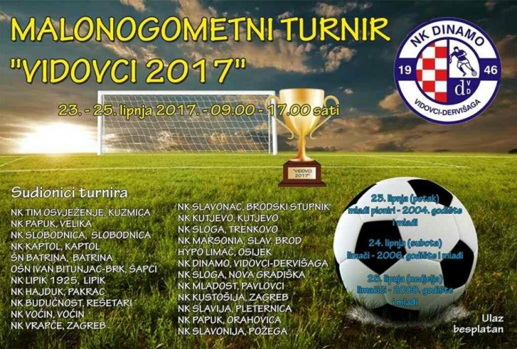 NK Dinamo organizira 2. Malonogometni turnir &quot;Vidovci 2017&quot; za početnike, limače i limačiće od 23. do 25. 06. 2017.