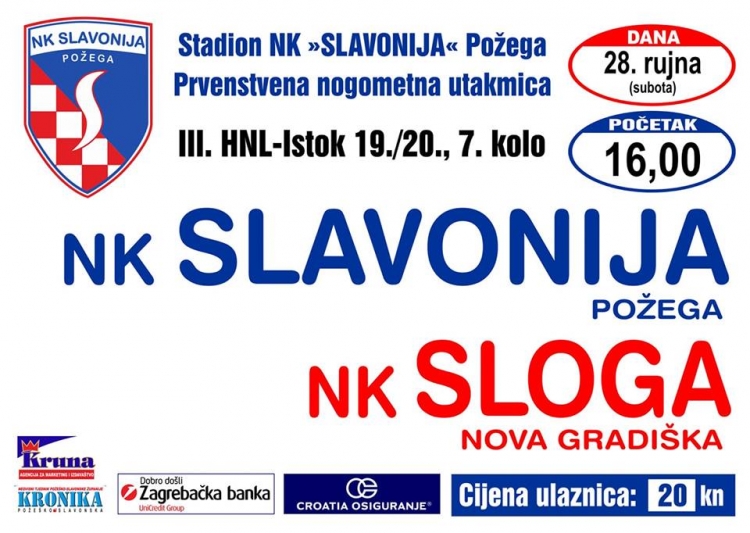 Slavonija u subotu, 28. rujna s početkom u 16,00 sati dočekuje NK Slogu (Nova Gradiška) u 7. kolu 3. HNL - Istok
