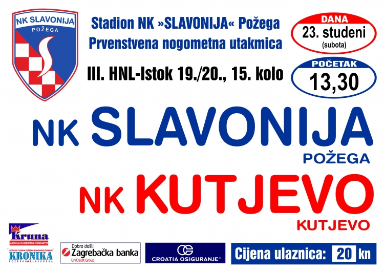 Nogometaši Slavonije u subotu, 23. studenog s početkom u 13,30 sati dočekuju NK Kutjevo u županijskom derbiju 15. kola 3. HNL - Istok