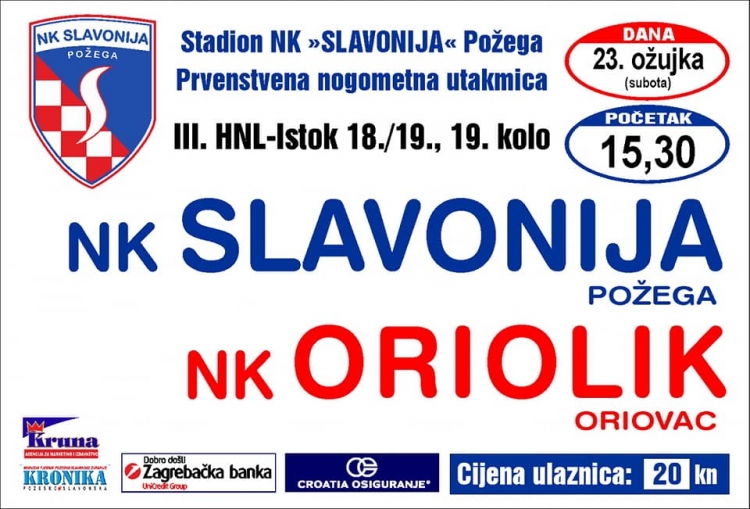Slavonija u subotu, 23. 03. 2019. s početkom u 15,30 sati dočekuje NK Oriolik (Oriovac) u 19. kolu 3. HNL - Istok