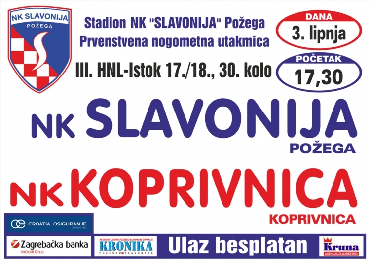 Na nedjeljnoj utakmici 30. kola 3. HNL - Istok između Slavonije i Koprivnice ulaz je besplatan