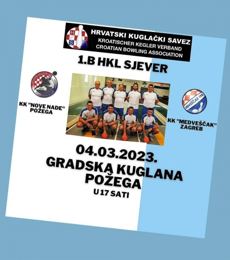 U subotu, 04. ožujka u 17,00 sati na Gradskoj kuglani igra se derbi za prvaka 1. B HKL Sjever : Nove nade - Medveščak 1958 (Zagreb)