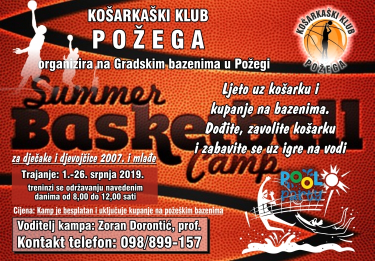 Košarkaški klub Požega organizira besplatni ljetni košarkaški kamp za djevojčice i dječake rođene 2007. i mlađe