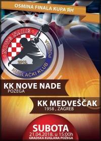 U subotu, 21. 04. 2018. u 15,00 sati kuglači Novih nada na Gradskoj kuglani protiv KK Medveščak 1958 (Zagreb) igraju 1/8 finala Kupa Hrvatske