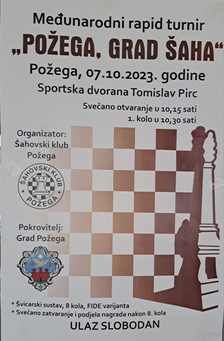 U subotu, 07. listopada u SD Tomislav Pirc održat će se Međunarodni rapid turnir &quot;Požega, grad šaha&quot;