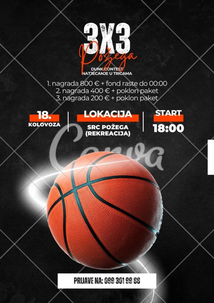 Košarkaški turnir 3x3 Požega održat će se u petak, 18. kolovoza na Sportsko - rekreacijskom centru