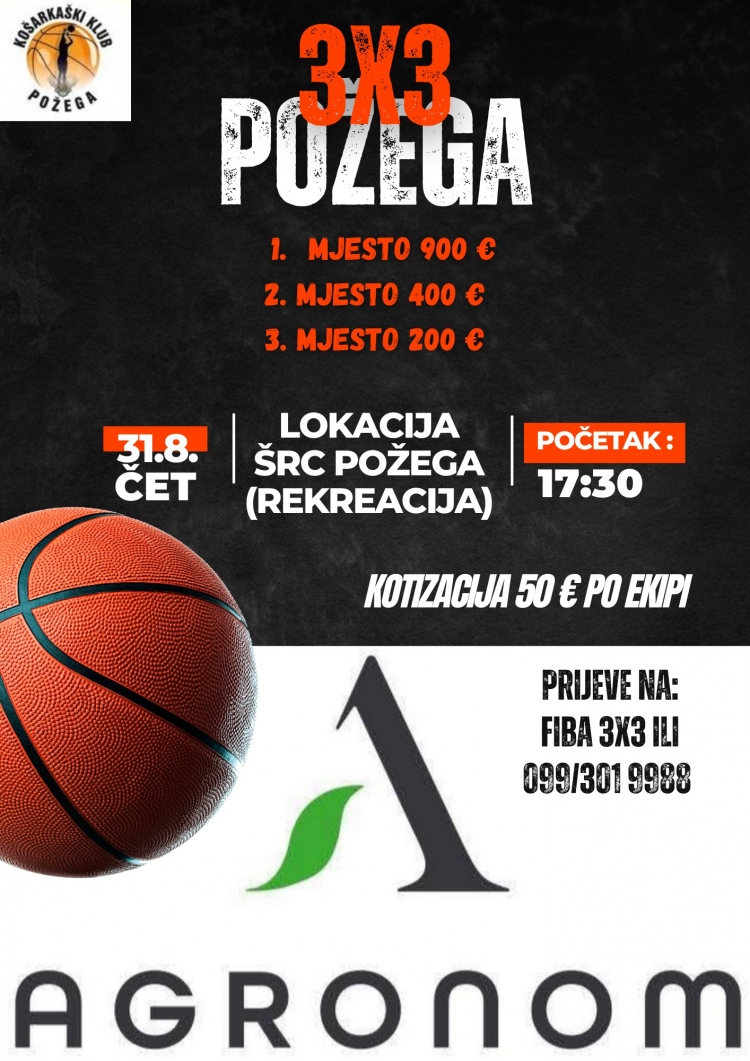 Košarkaški turnir 3x3 Požega održat će se u četvrtak, 31. kolovoza s početkom u 17,30 sati na Sportsko - rekreacijskom centru