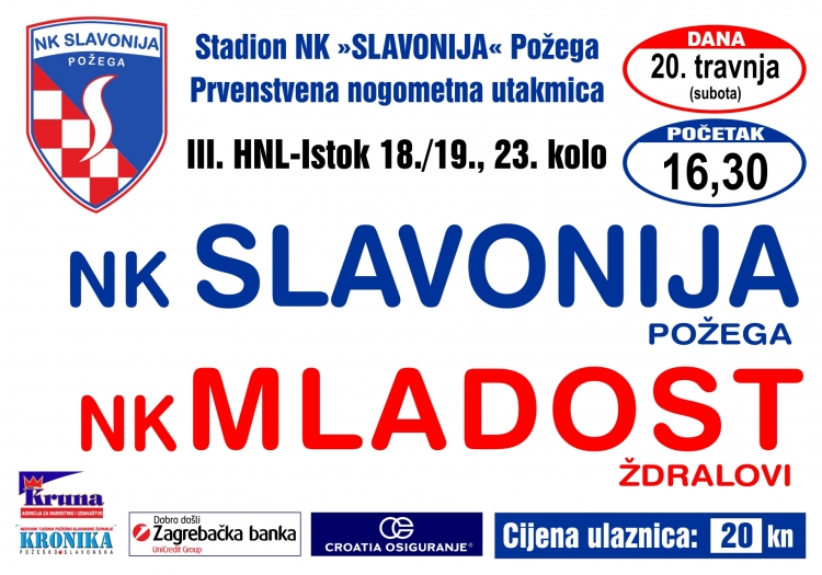 Slavonija u subotu, 20. 04. dočekuje Mladost (Ždralovi) u 23. kolu 3. HNL, a u srijedu, 24. 04. Kutjevo u polufinalu Županijskog kupa