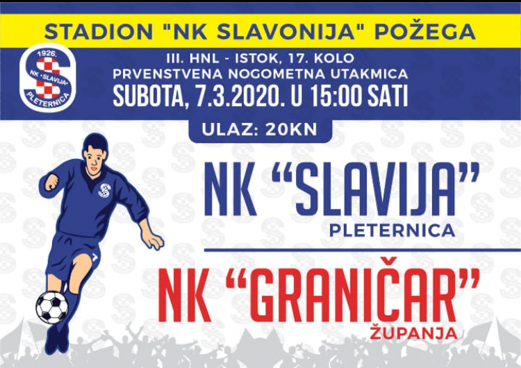 Nogometaši pleterničke Slavije će susret 17. kola 3. HNL - Istok protiv Graničara (Županja) odigrati u subotu, 07. ožujka u Požegi na Stadionu Slavonije