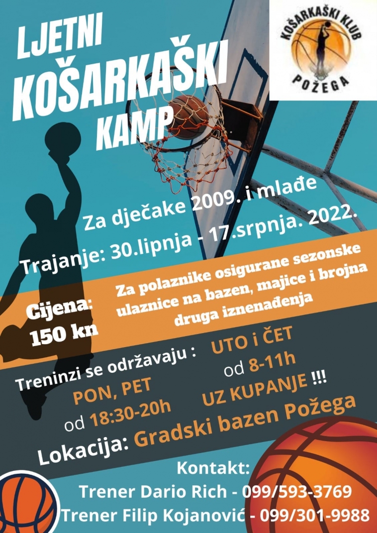 Košarkaški klub Požega organizira košarkaški kamp na Gradskim bazenima za dječake rođene 2009. i mlađe
