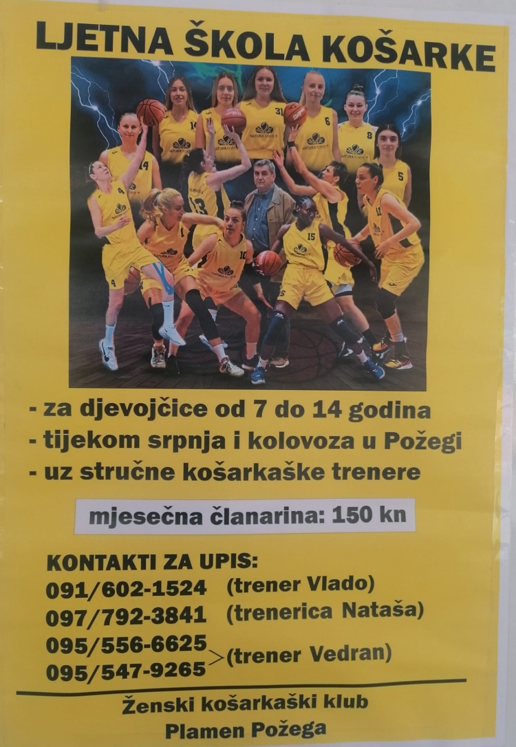 Ženski košarkaški klub Plamen Požega organizira ljetnu školu košarke za djevojčice od 7 do 14 godina starosti