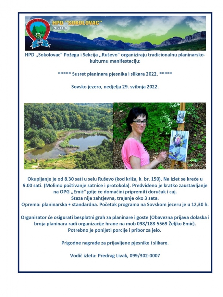 HPD ,,Sokolovac&quot; Požega i Sekcija ,,Ruševo&quot; organiziraju tradicionalnu planinarsko-kulturnu manifestaciju: &quot;Susret planinara pjesnika i slikara 2023.&quot; - Sovsko jezero, nedjelja 28. svibnja 2023.